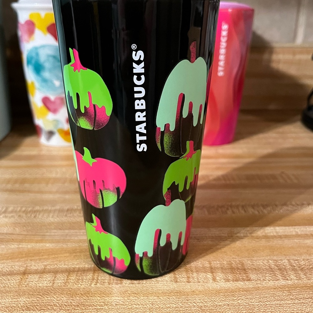 Starbucks Black Tumbler with Neon Pumpkins